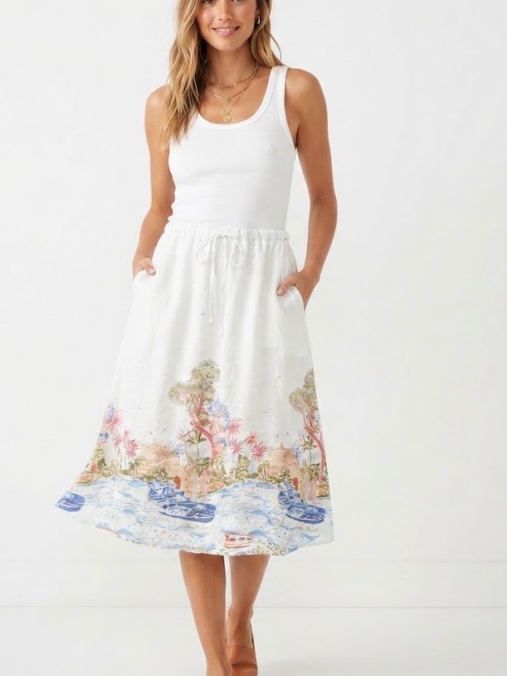 NWT Cynthia Rowley White Midi Skirt Coastal Scenic  Print Linen blend Size Large